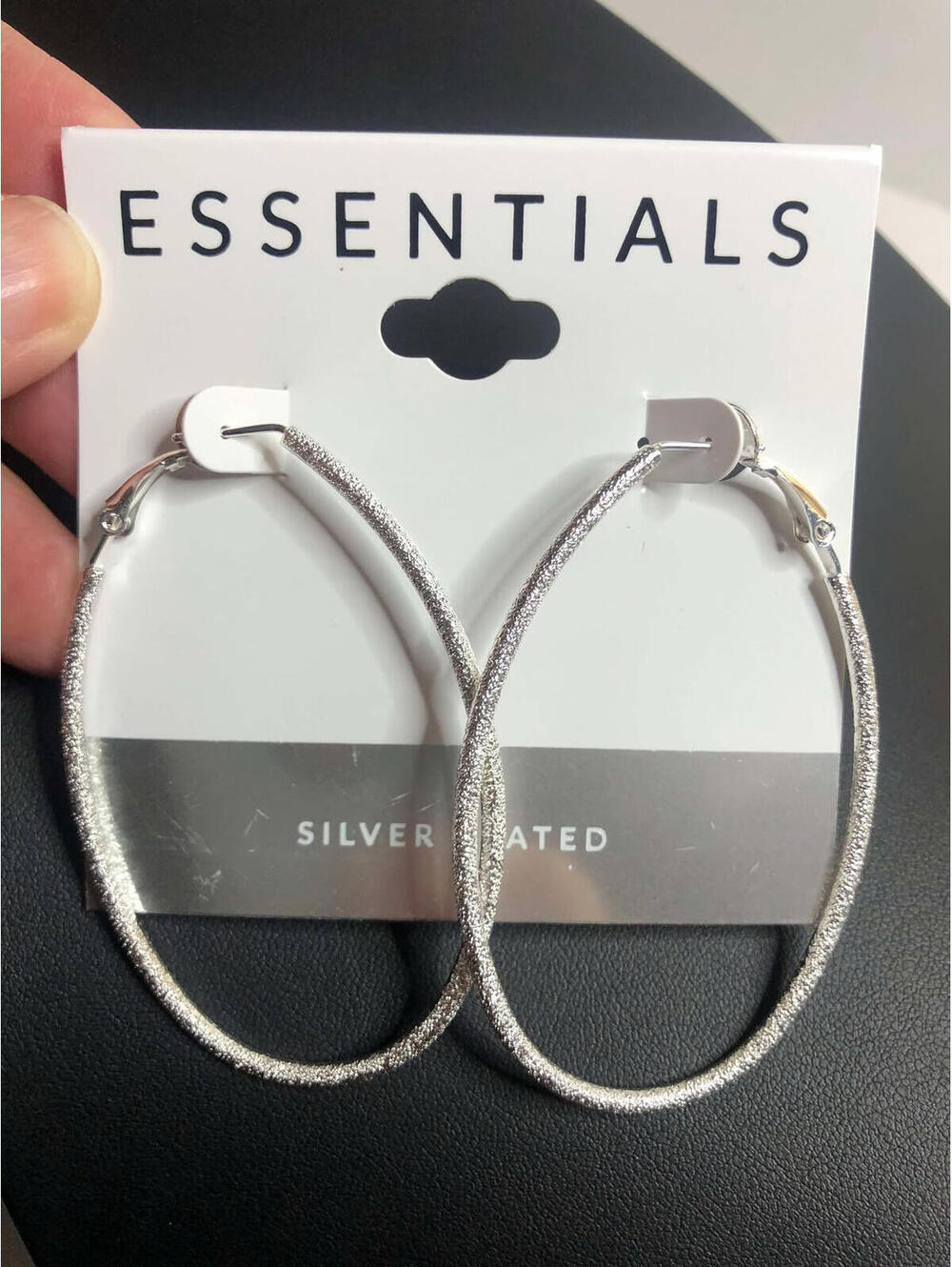 4154 Essentials Silver plated textured elongated large 3" hoop earrings New $40